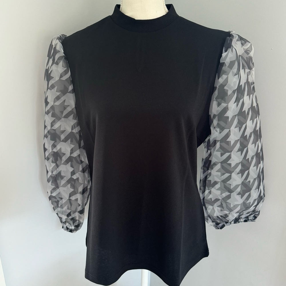 Black Blouse With Houndstooth Sheer Sleeves